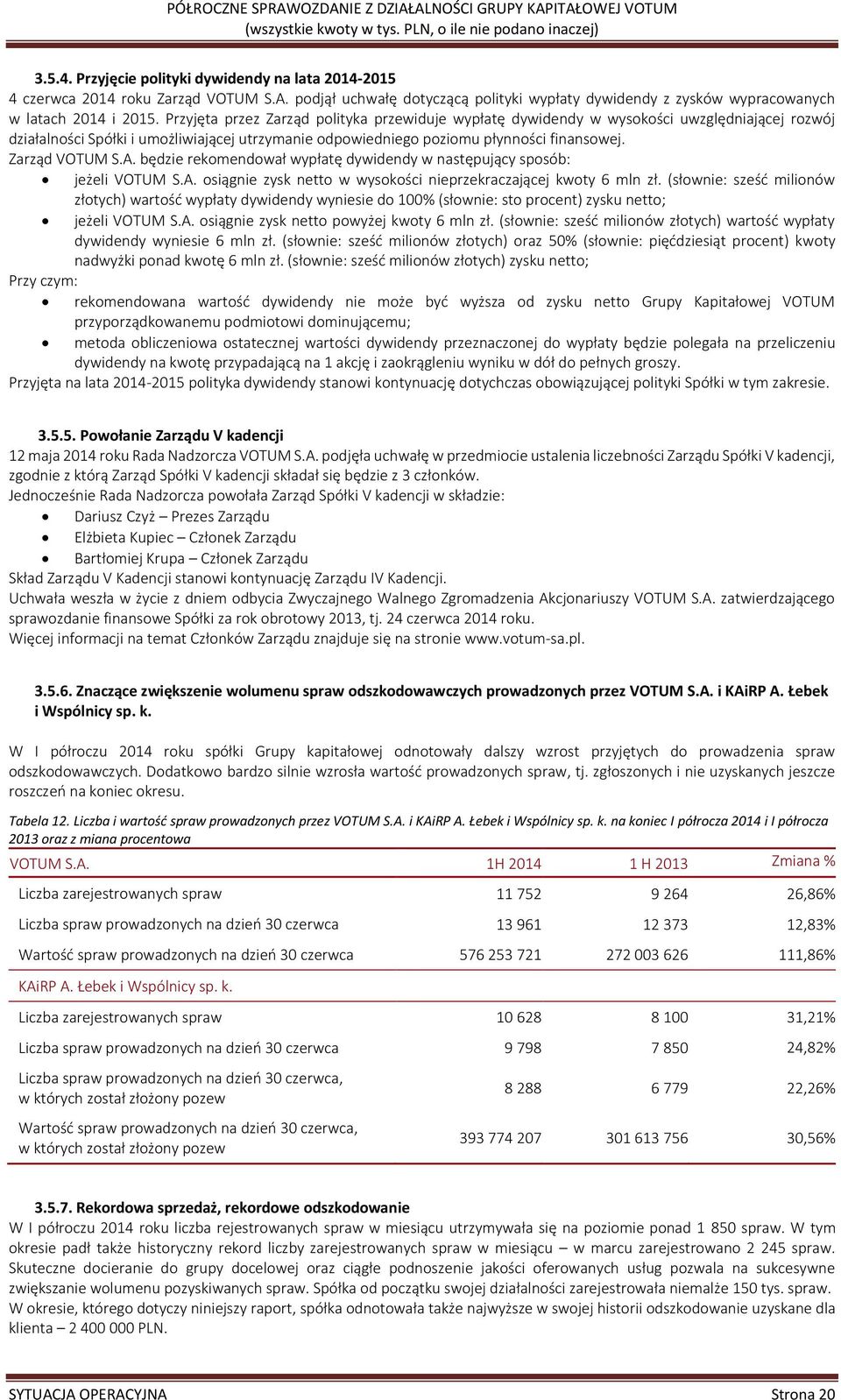 Zarząd VOTUM S.A. będzie rekomendował wypłatę dywidendy w następujący sposób: jeżeli VOTUM S.A. osiągnie zysk netto w wysokości nieprzekraczającej kwoty 6 mln zł.