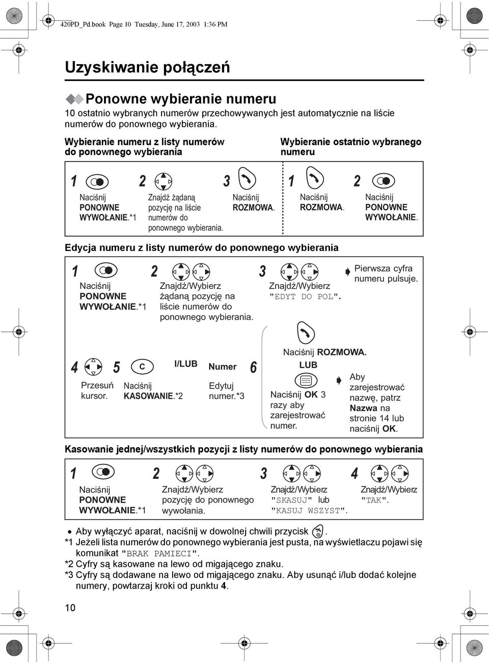 Wybieranie numeru z listy numerów do ponownego wybierania PONOWNE WYWOŁANIE.*1 Znajdź żądaną pozycję na liście numerów do ponownego wybierania. ROZMOWA.