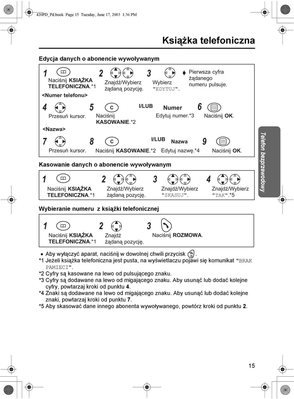 *3 OK. KASOWANIE.*2 1 2 3 4 KSIĄŻKA TELEFONICZNA.*1 żądaną pozycję. "SKASUJ". OK. "TAK".*5 Telefon bezprzewodowy Wybieranie numeru z książki telefonicznej 1 2 3 KSIĄŻKA TELEFONICZNA.