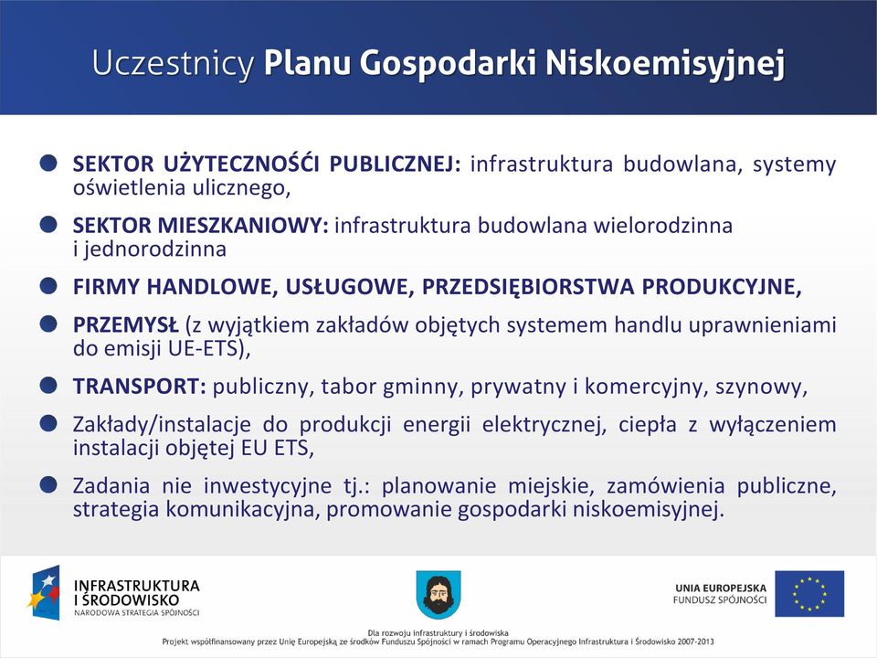 handlu uprawnieniami do emisji UE-ETS), TRANSPORT: publiczny, tabor gminny, prywatny i komercyjny, szynowy, Zakłady/instalacje do produkcji energii elektrycznej,