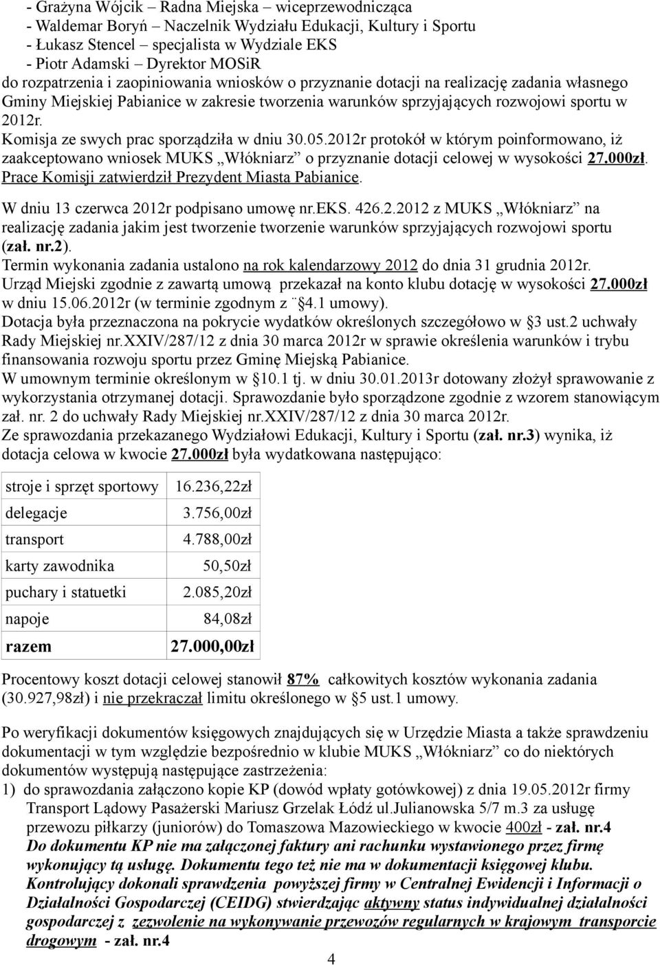 Komisja ze swych prac sporządziła w dniu 30.05.2012r protokół w którym poinformowano, iż zaakceptowano wniosek MUKS Włókniarz o przyznanie dotacji celowej w wysokości 27.000zł.