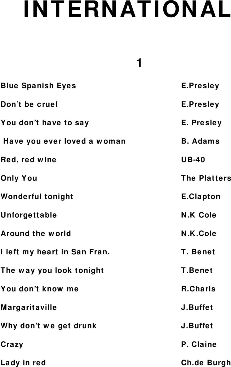 The way you look tonight You don t know me Margaritaville Why don t we get drunk Crazy Lady in red E.Presley E.