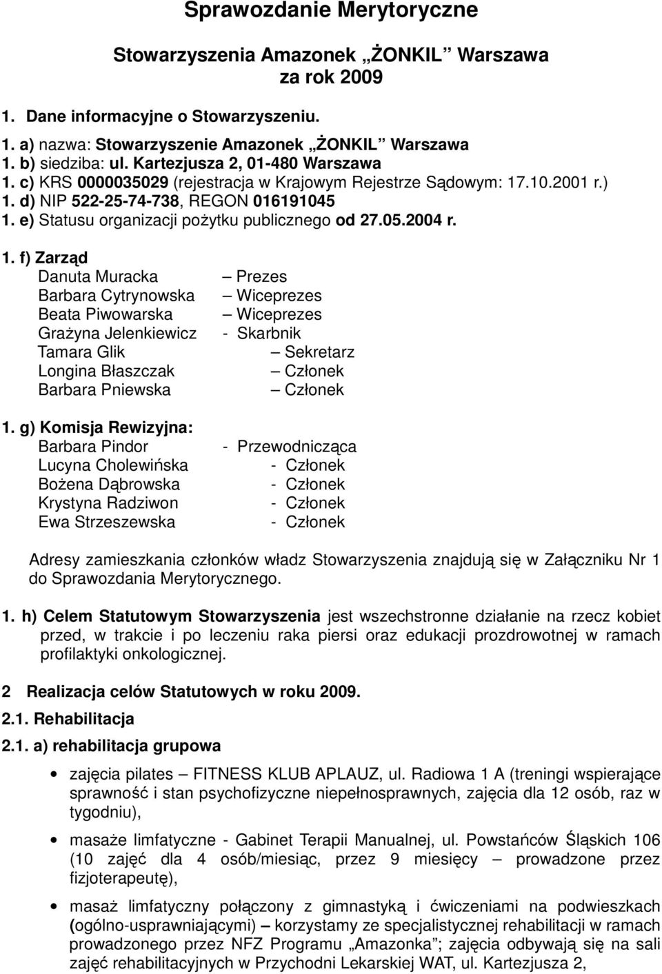 e) Statusu organizacji pożytku publicznego od 27.05.2004 r. 1. f) Zarząd Danuta Muracka Barbara Cytrynowska Beata Piwowarska Grażyna Jelenkiewicz Tamara Glik Longina Błaszczak Barbara Pniewska 1.