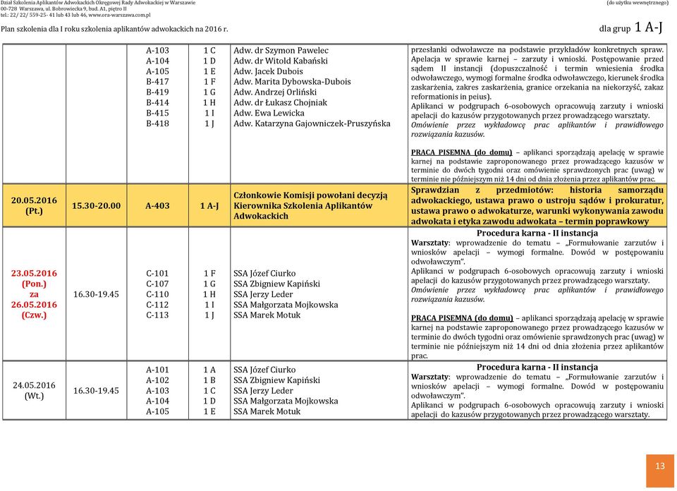 na niekorzyść, zakaz reformationis in peius). Aplikanci w podgrupach 6-osobowych opracowują zarzuty i wnioski apelacji do kazusów przygotowanych przez prowadzącego warsztaty. 20.05.2016 (Pt.) 23.05.2016 (Pon.
