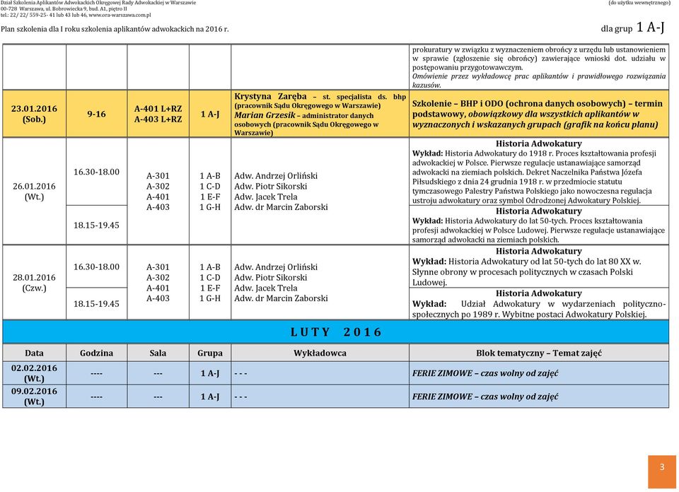 specjalista ds. bhp (pracownik Sądu Okręgowego w Warszawie) Marian Grzesik administrator danych osobowych (pracownik Sądu Okręgowego w Warszawie) Adw. Piotr Sikorski Adw. Jacek Trela Adw.
