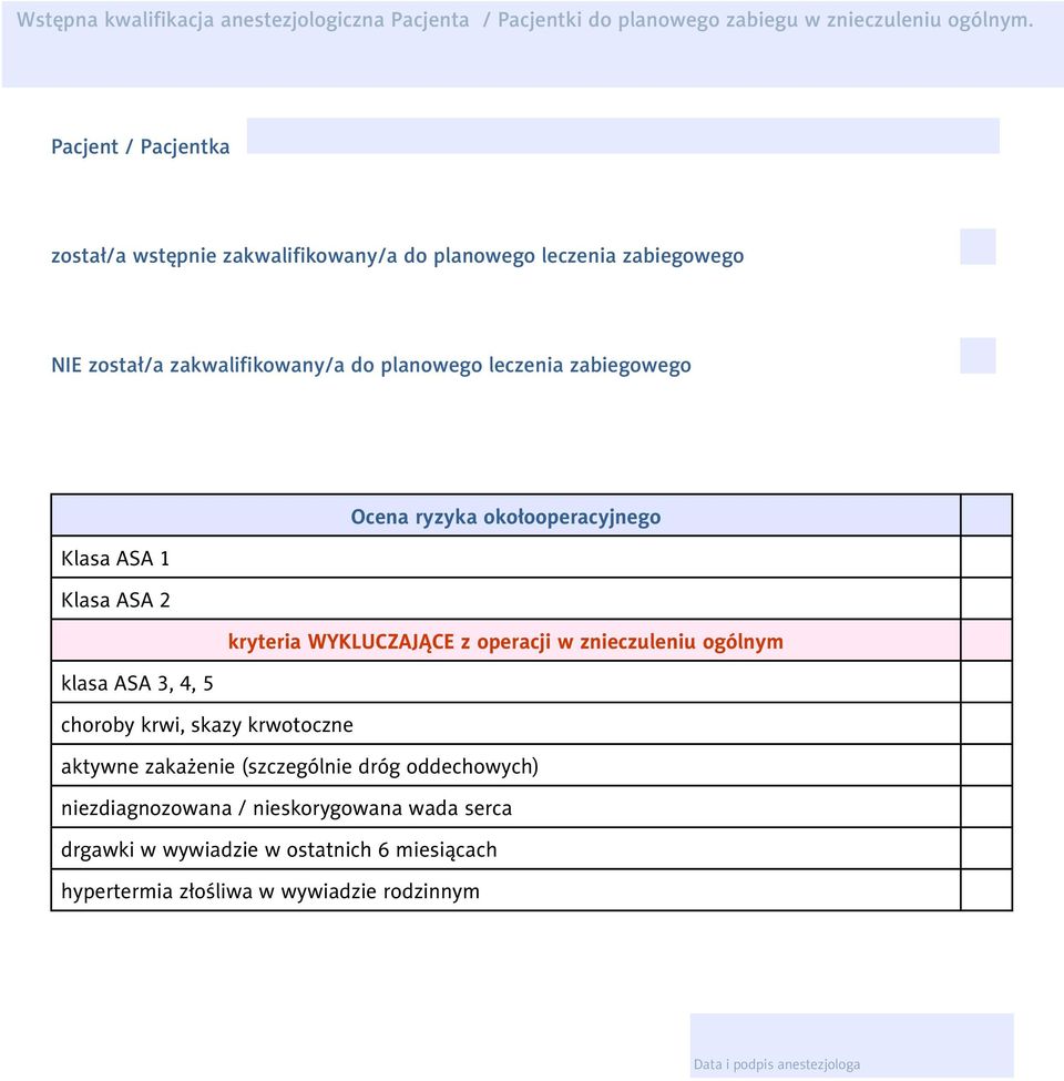 Ocena ryzyka okołooperacyjnego Klasa ASA 1 Klasa ASA 2 kryteria WYKLUCZAJĄCE z operacji w znieczuleniu ogólnym klasa ASA 3, 4, 5 choroby krwi, skazy