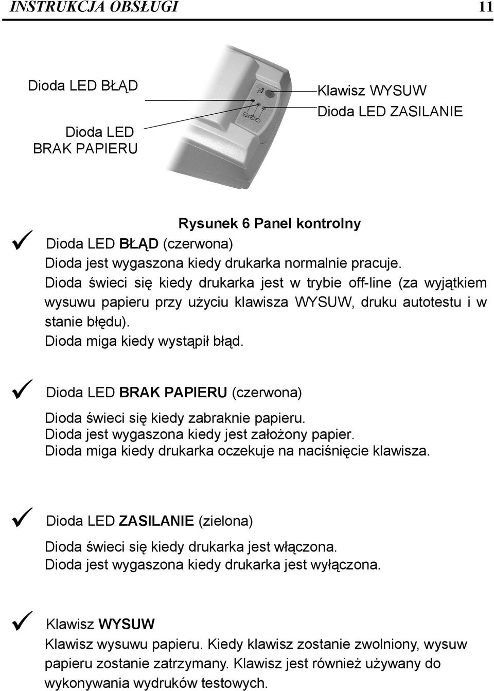 Dioda LED BRAK PAPIERU (czerwona) Dioda świeci się kiedy zabraknie papieru. Dioda jest wygaszona kiedy jest założony papier. Dioda miga kiedy drukarka oczekuje na naciśnięcie klawisza.