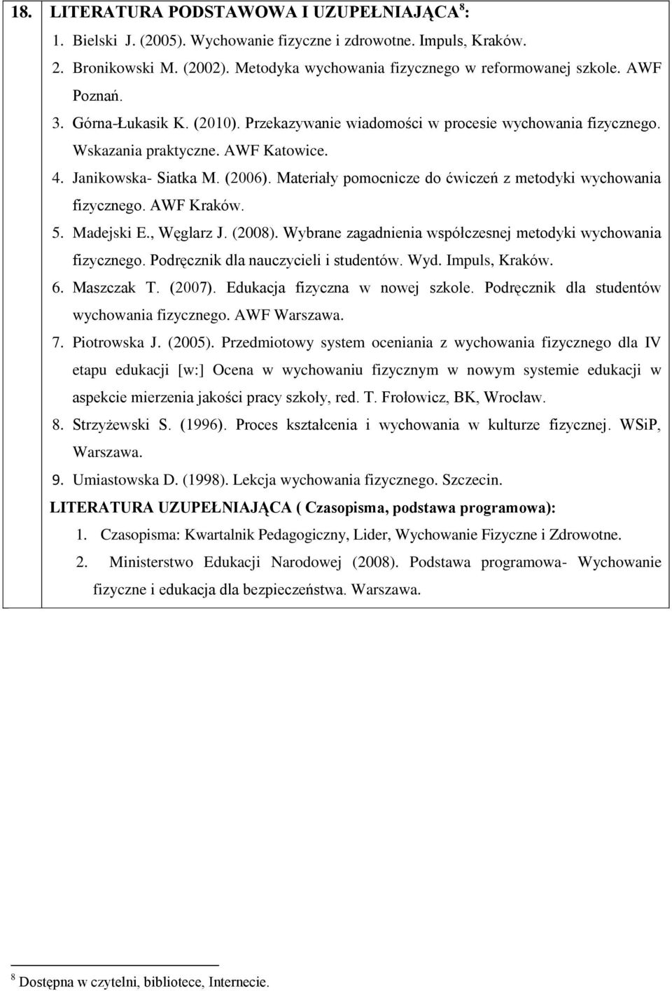 Materiały pomocnicze do ćwiczeń z metodyki wychowania fizycznego. AWF Kraków. 5. Madejski E., Węglarz J. (2008). Wybrane zagadnienia współczesnej metodyki wychowania fizycznego.