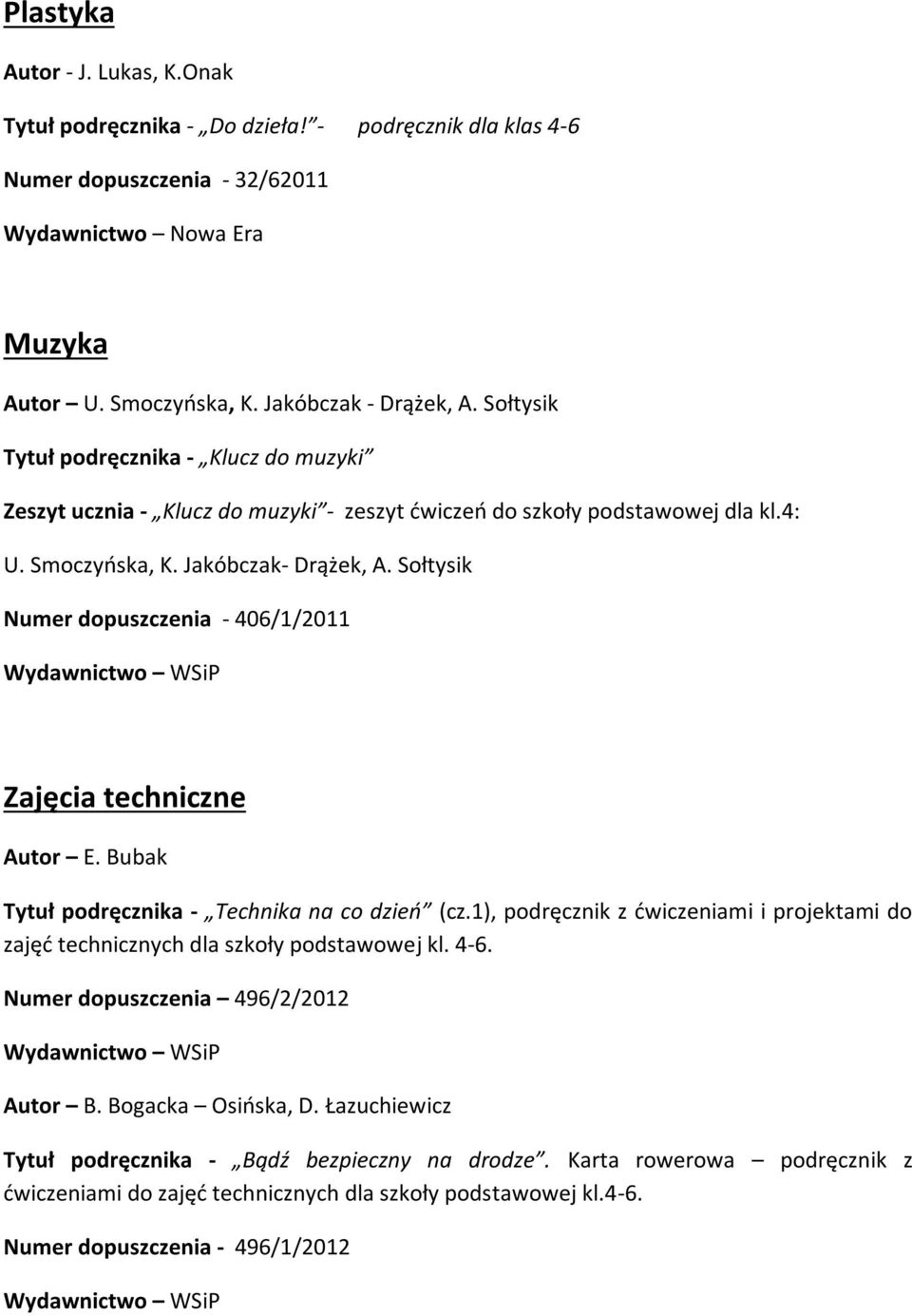 Sołtysik Numer dopuszczenia - 406/1/2011 Zajęcia techniczne Autor E. Bubak Tytuł podręcznika - Technika na co dzień (cz.
