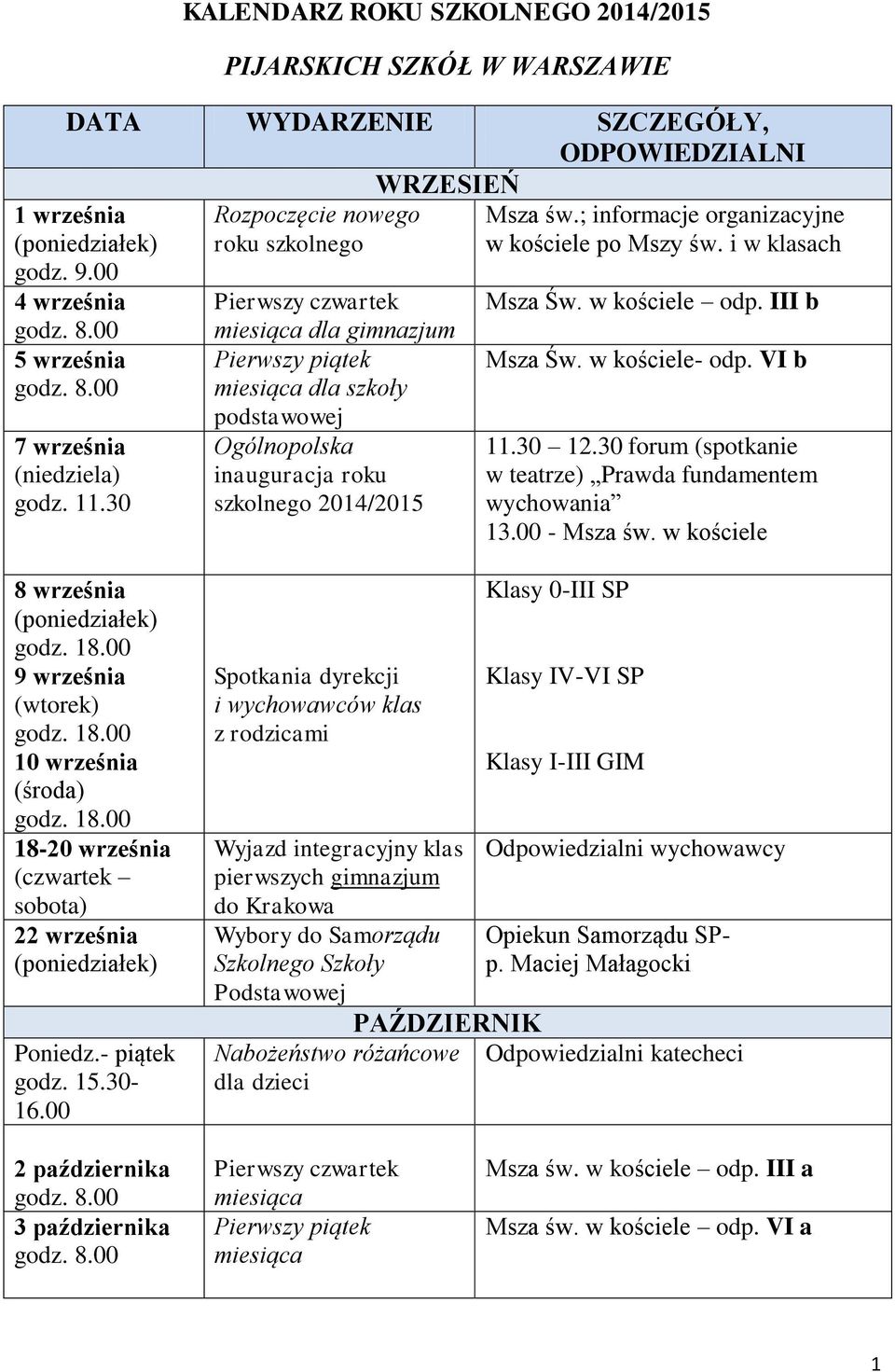 i w klasach Msza Św. w kościele odp. III b Msza Św. w kościele- odp. VI b 11.30 12.30 forum (spotkanie w teatrze) Prawda fundamentem wychowania 13.00 - Msza św.