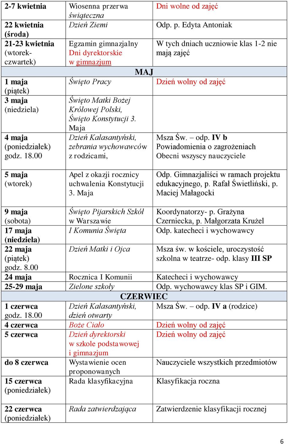 Edyta Antoniak W tych dniach uczniowie klas 1-2 nie mają zajęć MAJ Dzień wolny od zajęć Msza Św. odp.