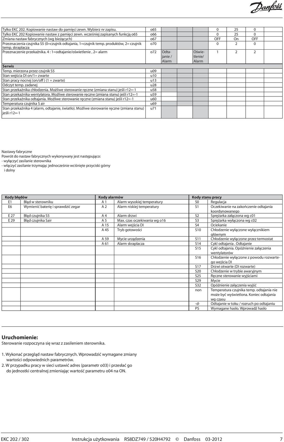 produktów, 2= czujnik o70 0 2 0 temp. skraplacza Przeznaczenie przekaźnika. 4 : 1=odtajanie/oświetlenie, 2= alarm o72 Odtajanie / Alarm Serwis Temp.