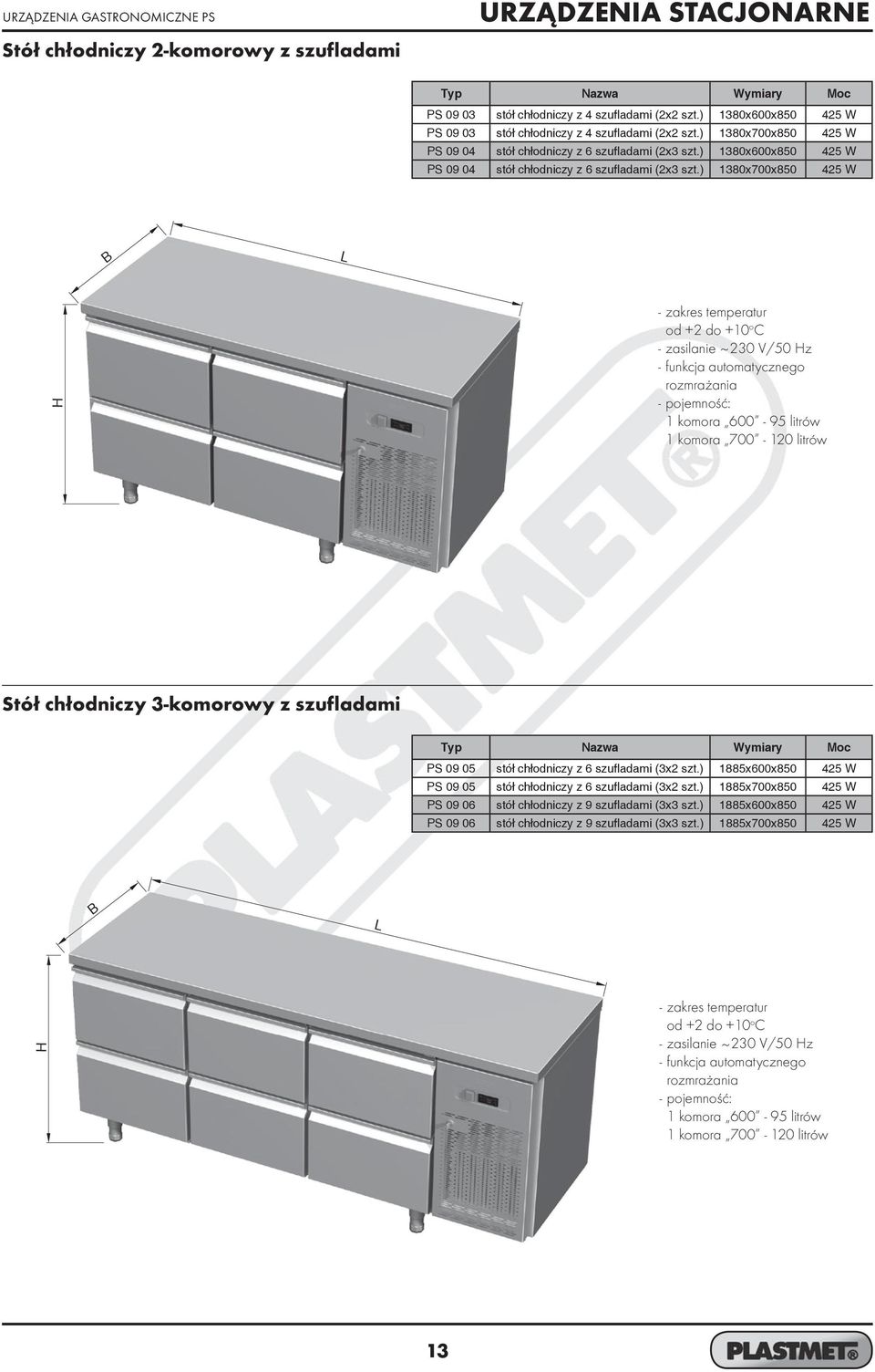 ) 1380x600x850 425 W PS 09 04 stół chłodniczy z 6 szufladami (2x3 szt.