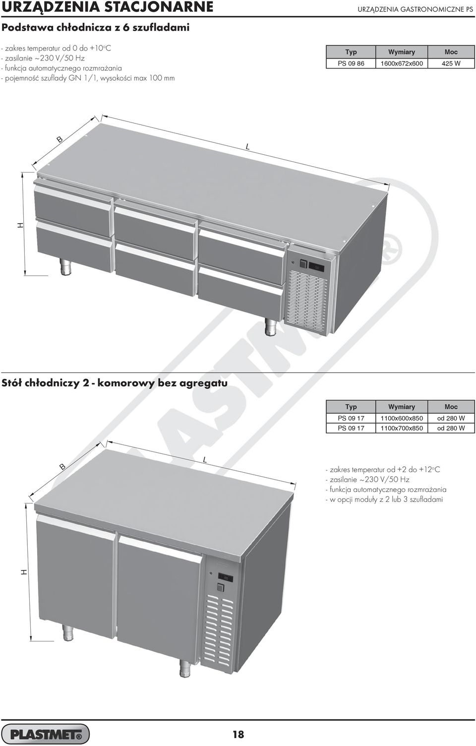 Stół chłodniczy 2 - komorowy bez agregatu Typ Wymiary Moc PS 09 17 1100x600x850 od 280 W PS 09 17 1100x700x850 od 280 W