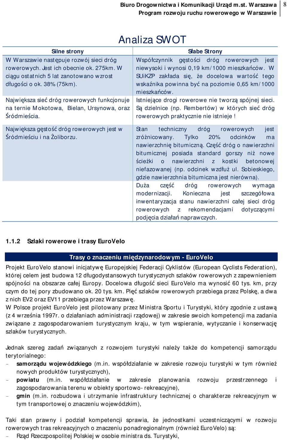 Analiza SWOT Słabe Strony Współczynnik gęstości dróg rowerowych jest niewysoki i wynosi 0,19 km/1000 mieszkańców.