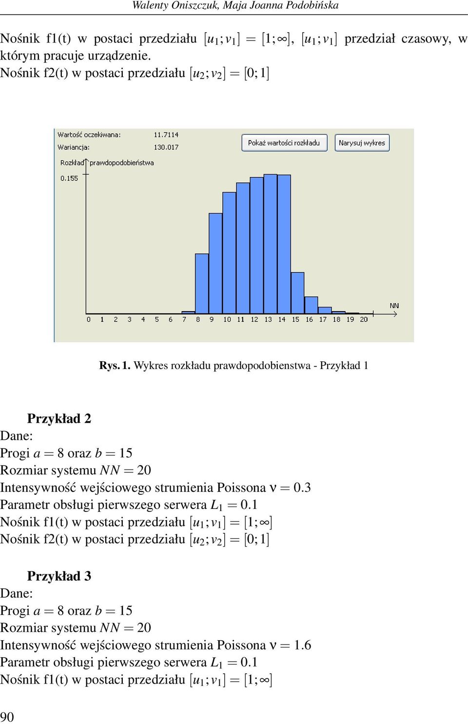 Wykres rozkładu prawdopodobienstwa - Przykład 1 Przykład 2 Progi a = 8 oraz b = 15 Rozmiar systemu NN = 2 Intensywność wejściowego strumienia Poissona ν =.