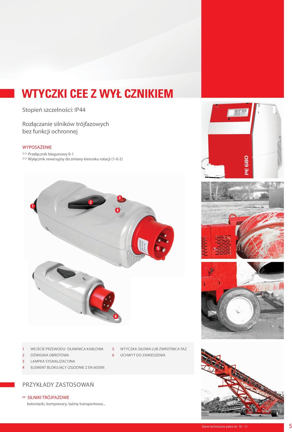 KABLOWA 2 DŹWIGNIA OBROTOWA 3 LAMPKA SYGNALIZACYJNA 4 ELEMENT BLOKUJĄCY (ZGODNIE Z EN 60309) 5 WTYCZKA SIŁOWA LUB ZWROTNICA FAZ 6