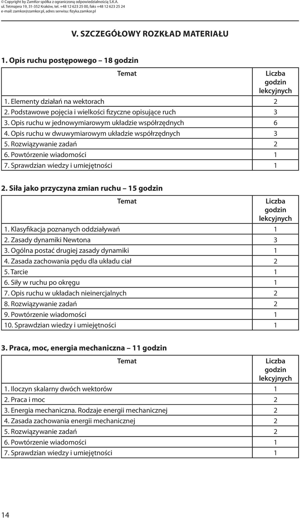 Sprawdzian wiedzy i umiejętności 1 2. Siła jako przyczyna zmian ruchu 15 godzin Temat Liczba godzin lekcyjnych 1. Klasyfikacja poznanych oddziaływań 1 2. Zasady dynamiki Newtona 3 3.