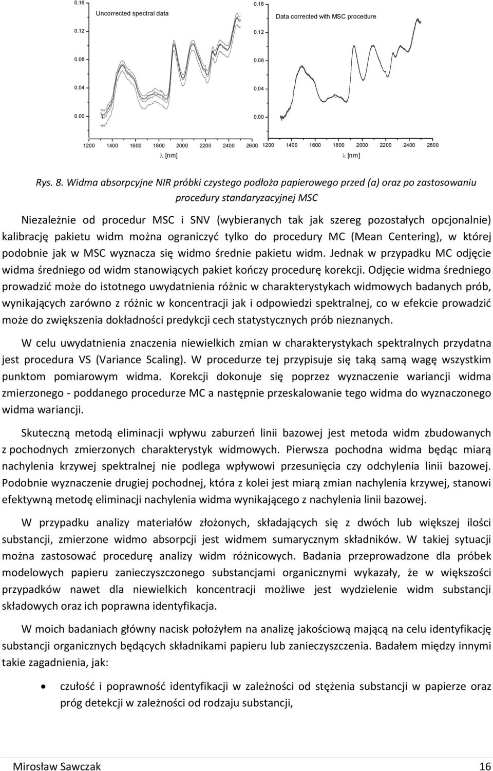 Widma absorpcyjne NIR próbki czystego podłoża papierowego przed (a) oraz po zastosowaniu procedury standaryzacyjnej MSC Niezależnie od procedur MSC i SNV (wybieranych tak jak szereg pozostałych