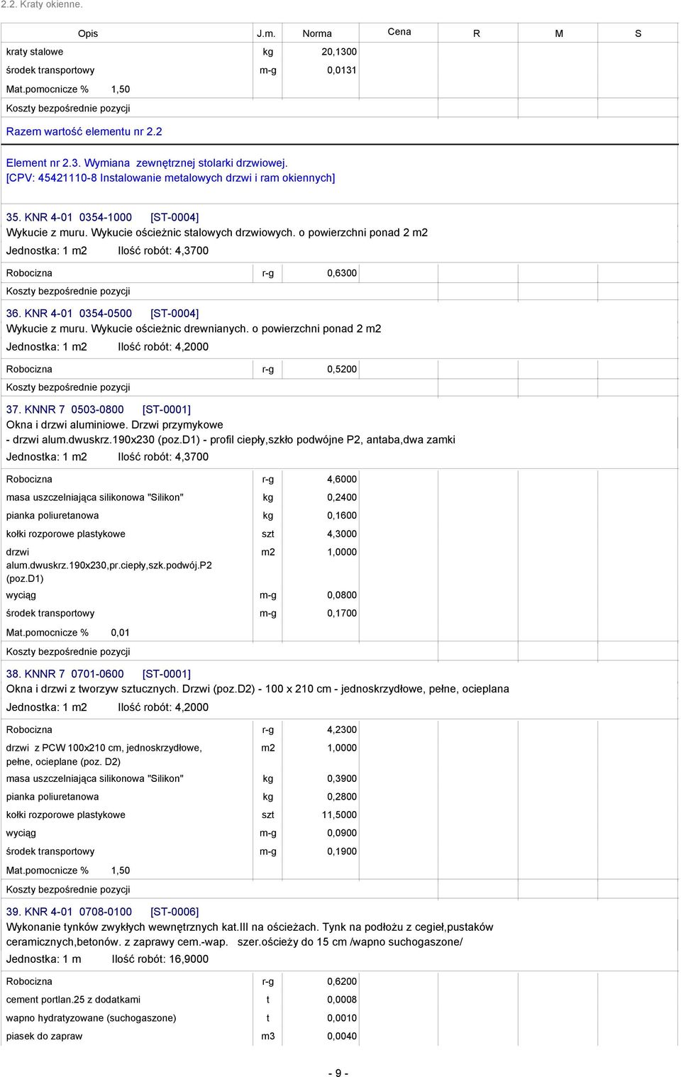 o powierzchni ponad 2 Jednostka: 1 Ilość robót: 4,3700 Robocizna r-g 0,6300 36. KNR 4-01 0354-0500 [ST-0004] Wykucie z muru. Wykucie ościeżnic drewnianych.