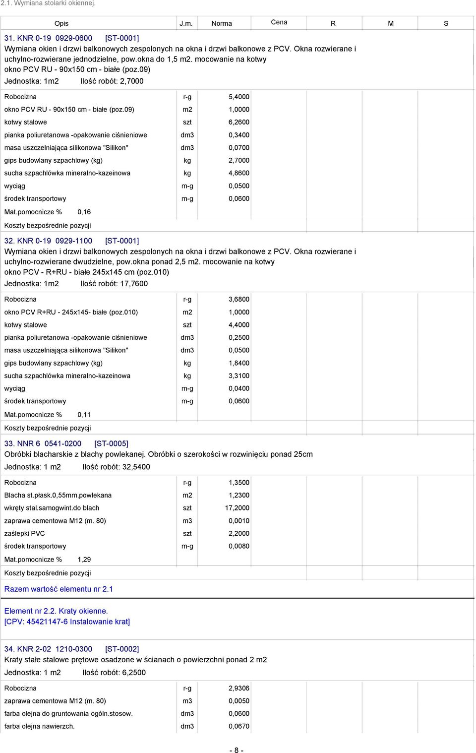 09) 1,0000 kotwy stalowe szt 6,2600 pianka poliuretanowa -opakowanie ciśnieniowe dm3 0,3400 masa uszczelniająca silikonowa "Silikon" dm3 0,0700 gips budowlany szpachlowy (kg) kg 2,7000 sucha