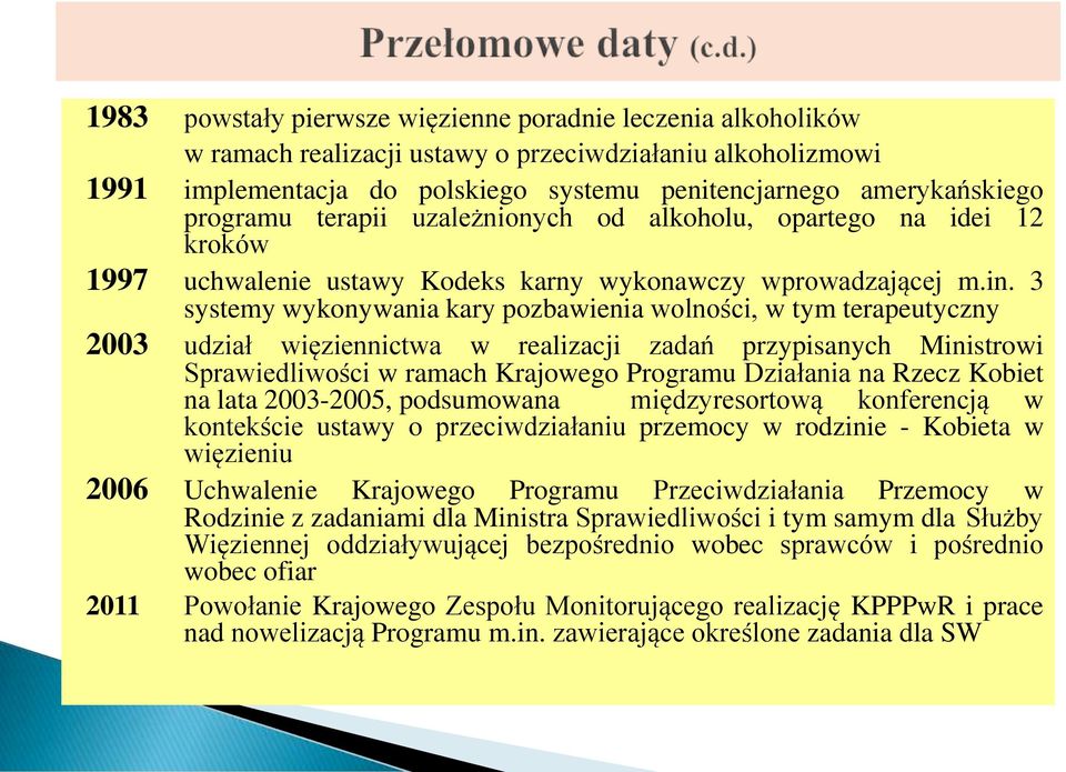 3 systemy wykonywania kary pozbawienia wolności, w tym terapeutyczny 2003 udział więziennictwa w realizacji zadań przypisanych Ministrowi Sprawiedliwości w ramach Krajowego Programu Działania na