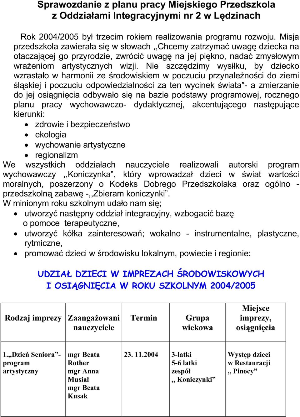 Nie szczędzimy wysiłku, by dziecko wzrastało w harmonii ze środowiskiem w poczuciu przynaleŝności do ziemi śląskiej i poczuciu odpowiedzialności za ten wycinek świata - a zmierzanie do jej