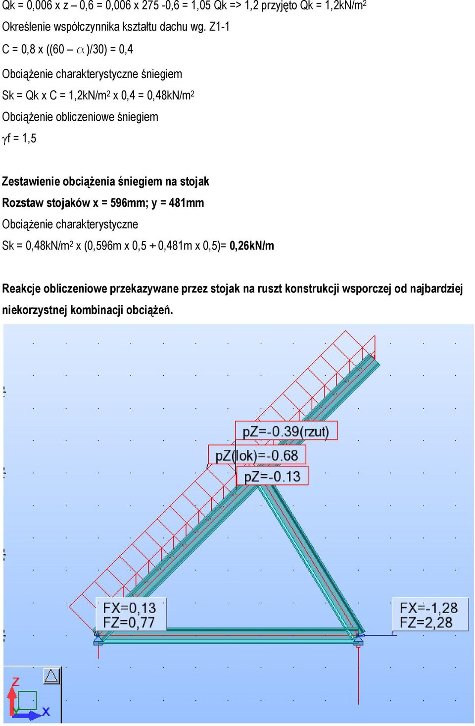 śniegiem γf = 1,5 Zestawienie obciążenia śniegiem na stojak Rozstaw stojaków x = 596mm; y = 481mm Obciążenie charakterystyczne Sk = 0,48kN/m 2