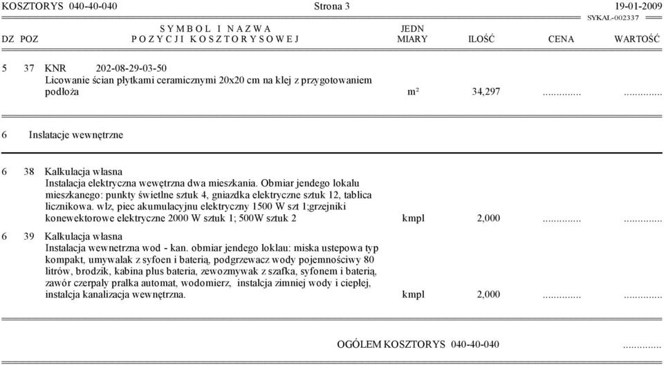 Obmiar jendego lokalu mieszkanego: punkty świetlne sztuk 4, gniazdka elektryczne sztuk 12, tablica licznikowa.