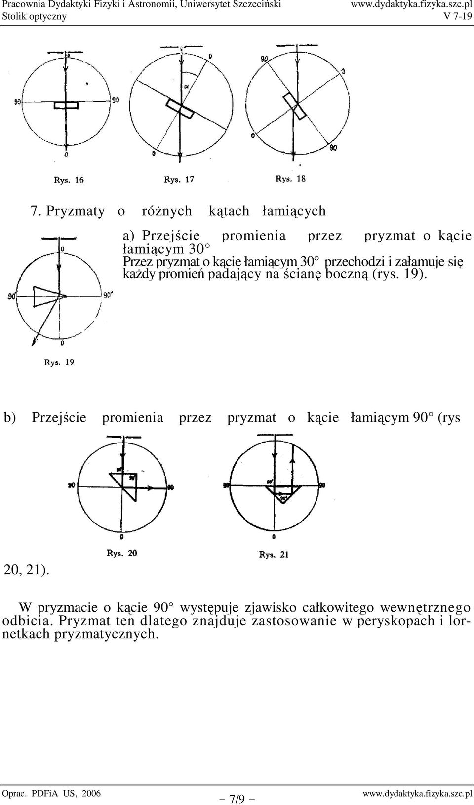 b) Przejście promienia przez pryzmat o kącie łamiącym 90 (rys 20, 21).