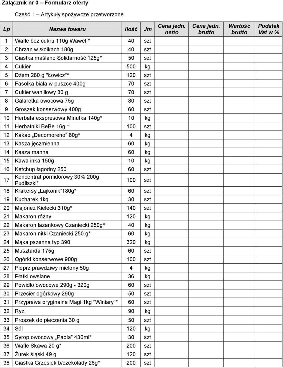 140g* 10 kg 11 Herbatniki BeBe 16g * 100 szt 12 Kakao Decomoreno 80g* 4 kg 13 Kasza jęczmienna 60 kg 14 Kasza manna 60 kg 15 Kawa inka 150g 10 kg 16 Ketchup łagodny 250 60 szt 17 Koncentrat