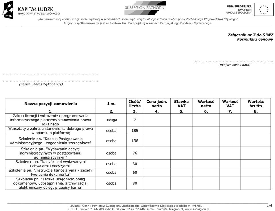 Zakup licencji i wdrożenie oprogramowania informatycznego platformy stanowienia prawa usługa 7 lokalnego Warsztaty z zakresu stanowienia dobrego prawa w oparciu o platformę osoba 185 Szkolenie pn.