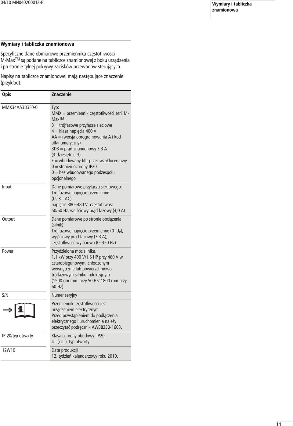 Napisy na tabliczce znamionowej mają następujące znaczenie (przykład): Opis MMX34AA3D3F0-0 Input Output Power S/N a IP 20/typ otwarty 12W10 Znaczenie Typ: MMX = przemiennik częstotliwości serii M-