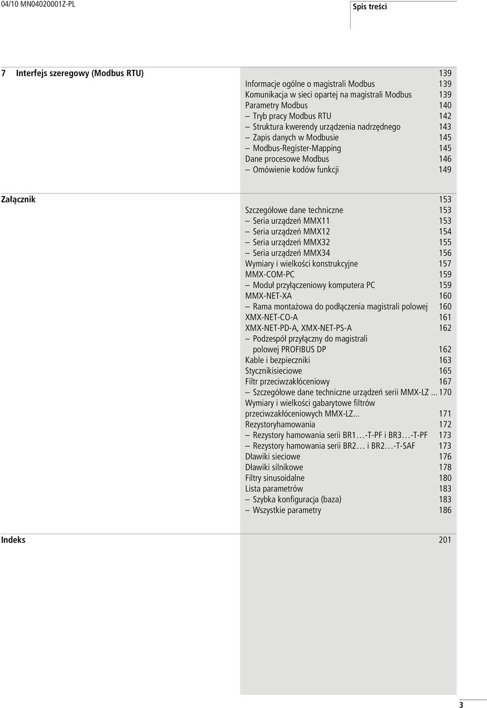 dane tecniczne 153 Seria urządzeń MMX11 153 Seria urządzeń MMX12 154 Seria urządzeń MMX32 155 Seria urządzeń MMX34 156 Wymiary i wielkości konstrukcyjne 157 MMX-COM-PC 159 Moduł przyłączeniowy