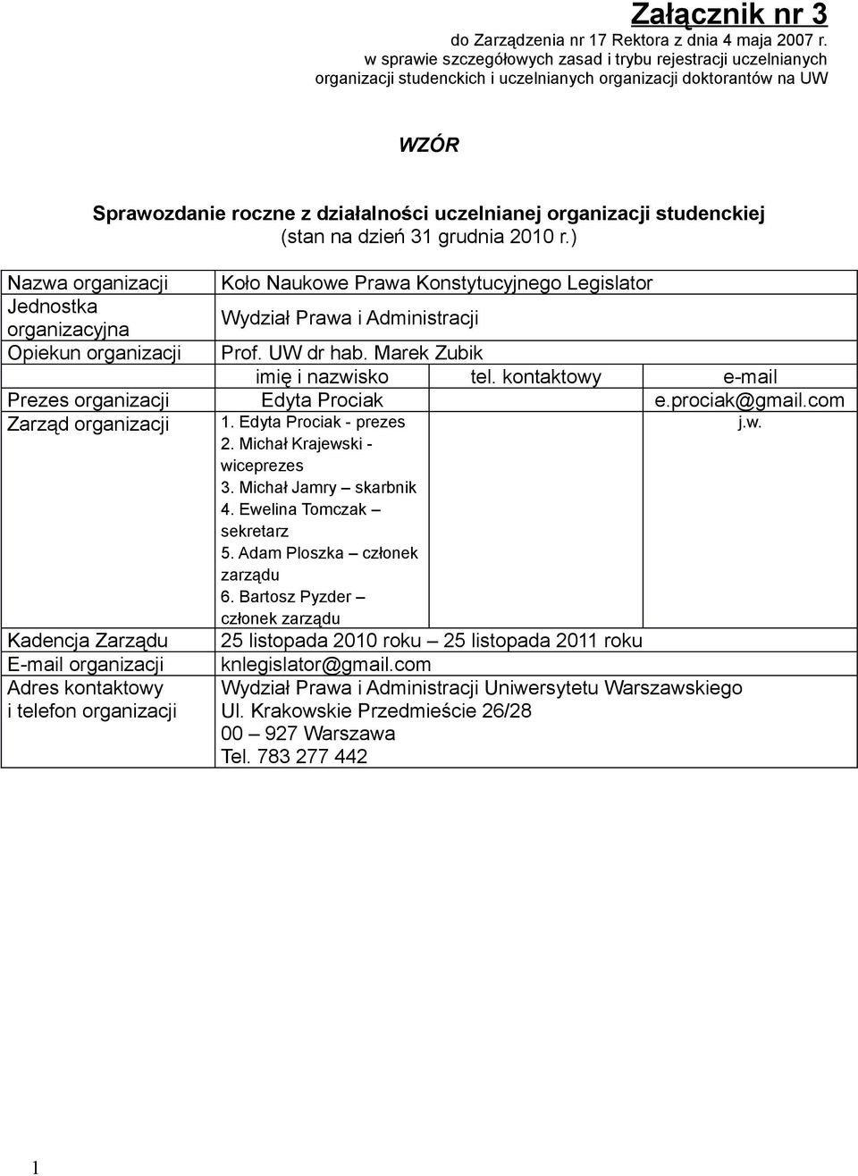 studenckiej (stan na dzień 31 grudnia 2010 r.) Nazwa organizacji Jednostka organizacyjna Opiekun organizacji Koło Naukowe Prawa Konstytucyjnego Legislator Wydział Prawa i Administracji Prof.