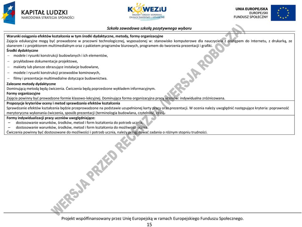 Środki dydaktyczne modele i rysunki konstrukcji budowlanych i ich elementów, przykładowe dokumentacje projektowe, makiety lub plansze obrazujące instalacje budowlane, modele i rysunki konstrukcji