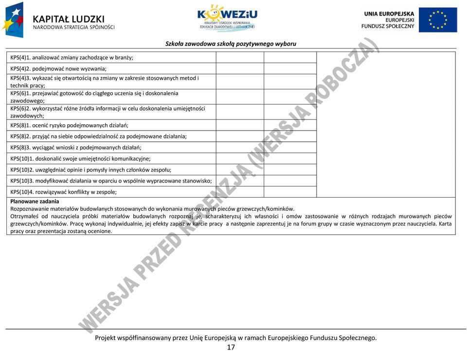 ocenić ryzyko podejmowanych działań; KS(8)2. przyjąć na siebie odpowiedzialność za podejmowane działania; KS(8)3. wyciągać wnioski z podejmowanych działań; KS(10)1.