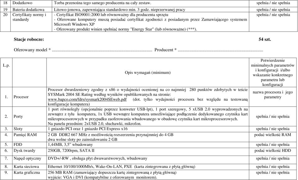 Zamawiającego systemem Microsoft Windows XP - Oferowany produkt winien spełniać normy "Energy Star" (lub równowaŝne) (***). L.p. Stacje robocze: 54 szt. Oferowany model *... Producent *... 1.