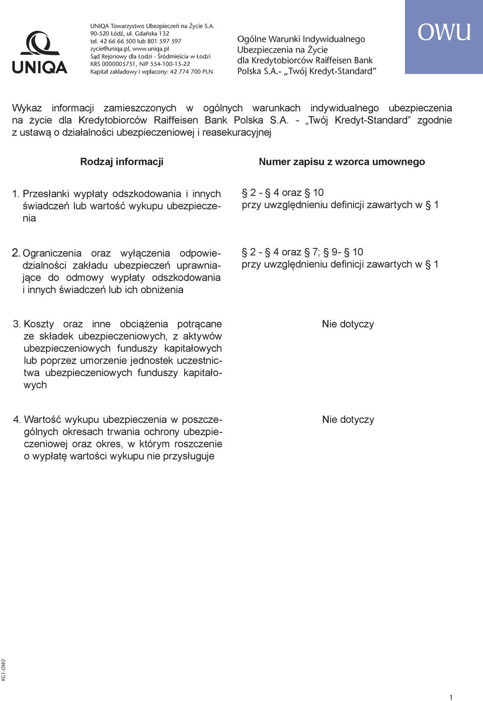 pl Sąd Rejonowy dla Łodzi - Śródmieścia w Łodzi KRS 0000005751, NIP 554-100-15-22 Kapitał zakładowy i wpłacony: 42 774 700 PLN Ogólne Warunki Indywidualnego Ubezpieczenia na Życie dla Kredytobiorców