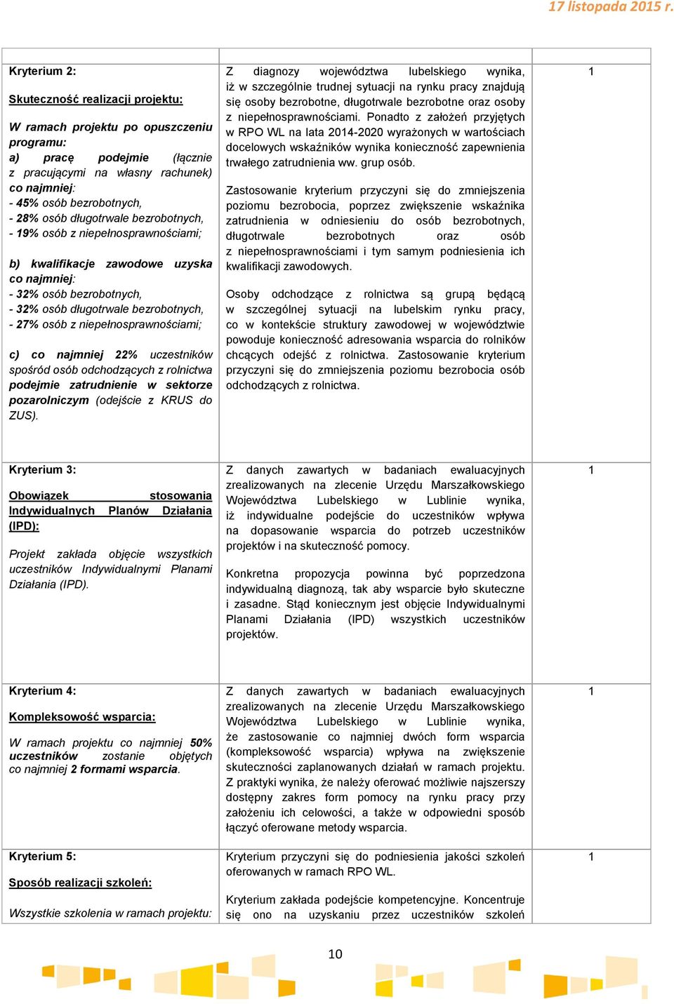 niepełnosprawnościami; c) co najmniej 22% uczestników spośród osób odchodzących z rolnictwa podejmie zatrudnienie w sektorze pozarolniczym (odejście z KRUS do ZUS).