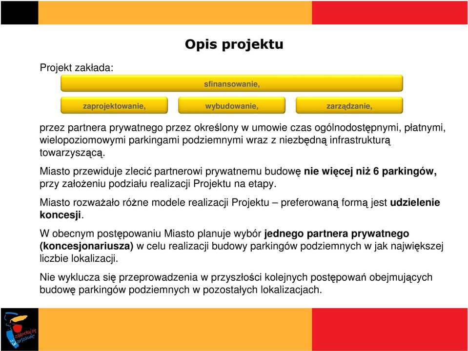 Miasto przewiduje zlecić partnerowi prywatnemu budowę nie więcej niż 6 parkingów, przy założeniu podziału realizacji Projektu na etapy.