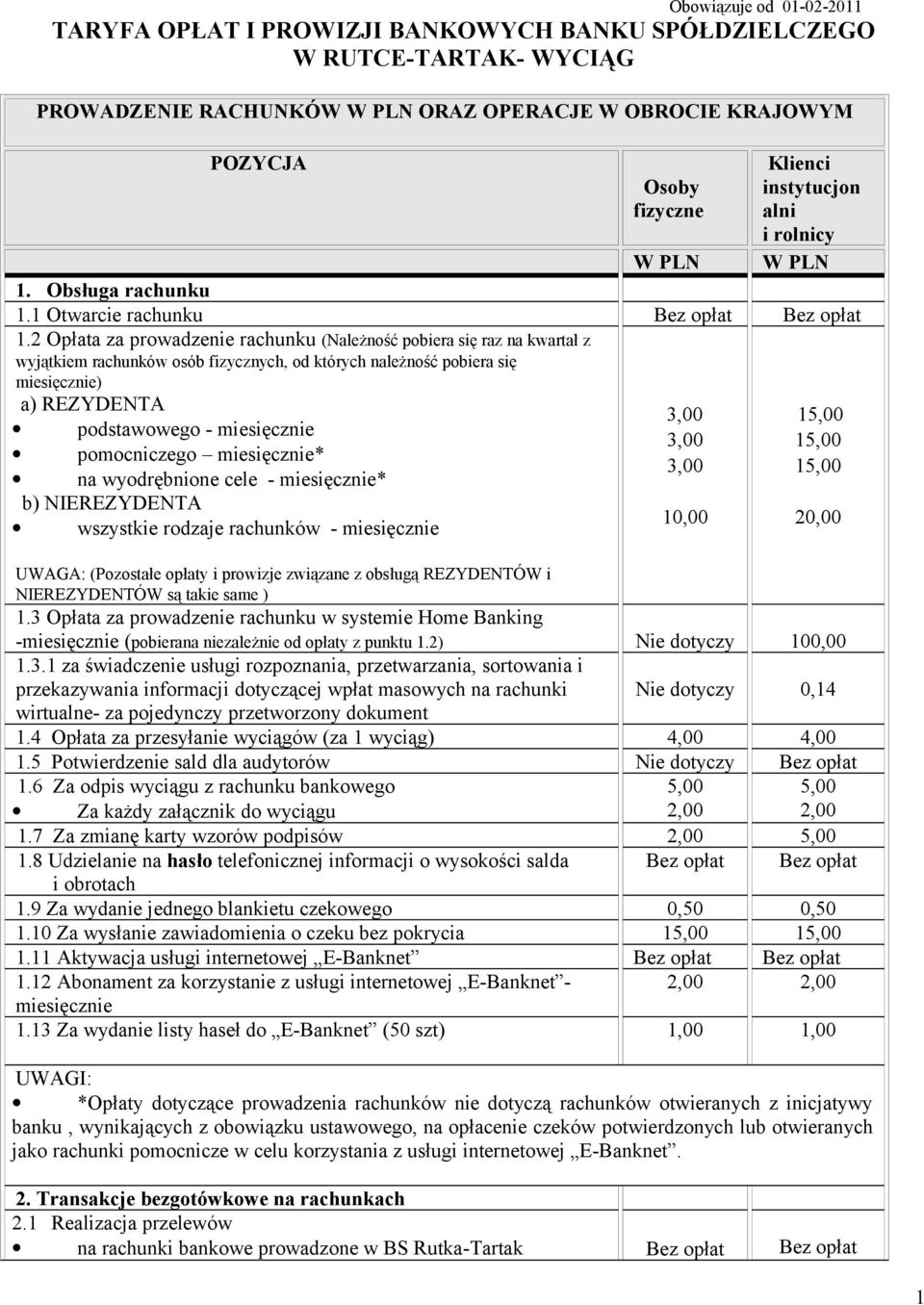 2 Opłata za prowadzenie rachunku (Należność pobiera się raz na kwartał z wyjątkiem rachunków osób fizycznych, od których należność pobiera się miesięcznie) a) REZYDENTA podstawowego - miesięcznie