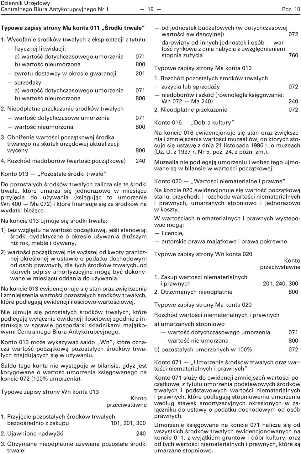 wartość dotychczasowego umorzenia 071 b) wartość nieumorzona 800 2. Nieodpłatne przekazanie środków trwałych wartość dotychczasowe umorzenia 071 wartość nieumorzona 800 3.