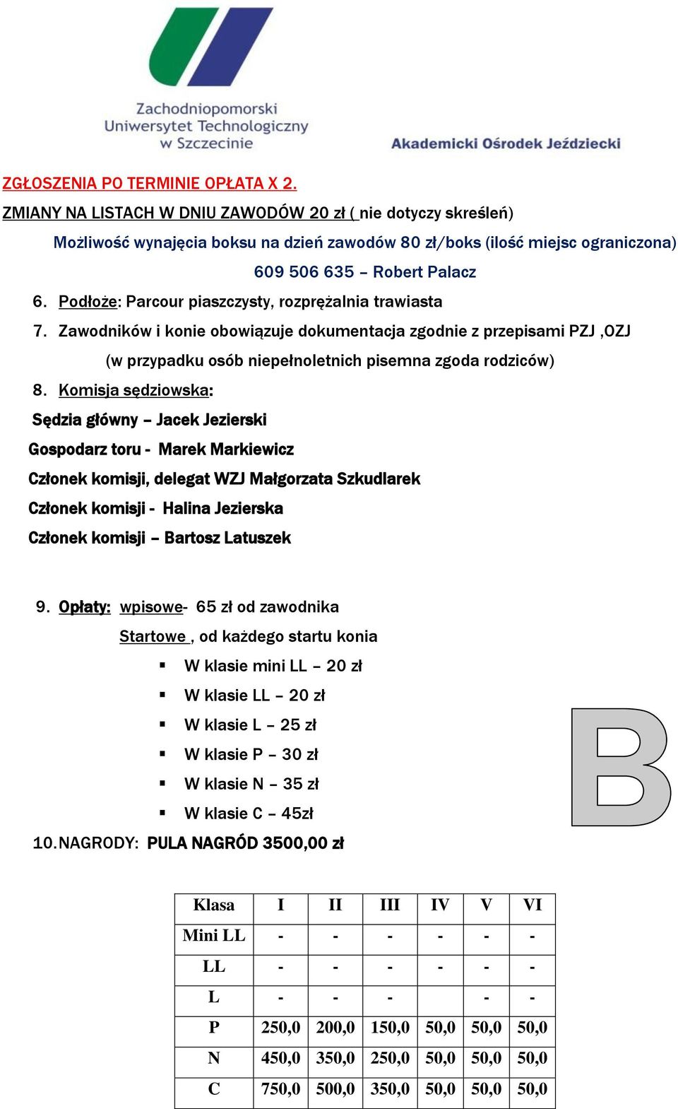 Podłoże: Parcour piaszczysty, rozprężalnia trawiasta 7. Zawodników i konie obowiązuje dokumentacja zgodnie z przepisami PZJ,OZJ (w przypadku osób niepełnoletnich pisemna zgoda rodziców) 8.