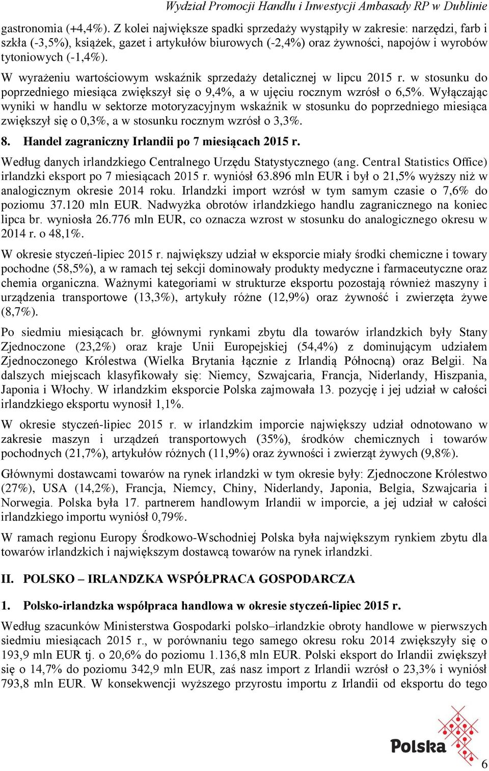 W wyrażeniu wartościowym wskaźnik sprzedaży detalicznej w lipcu 2015 r. w stosunku do poprzedniego miesiąca zwiększył się o 9,4%, a w ujęciu rocznym wzrósł o 6,5%.