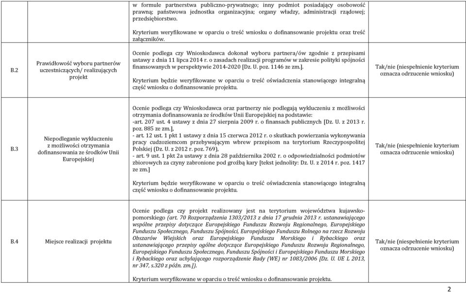 2 Prawidłowość wyboru partnerów uczestniczących/ realizujących projekt Ocenie podlega czy Wnioskodawca dokonał wyboru partnera/ów zgodnie z przepisami ustawy z dnia 11 lipca 2014 r.