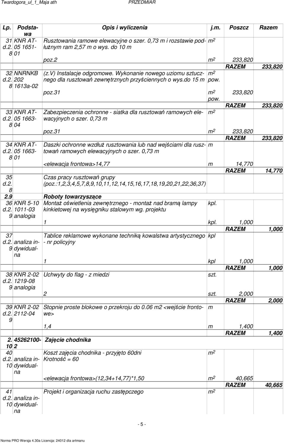 Zabezpieczenia ochronne - siatka dla rusztowań raowych elewacyjnych o szer. 0,3 233,820 poz.31 233,820 Daszki ochronne wzdłuż rusztowania lub d wejściai dla rusztowań raowych elewacyjnych o szer.