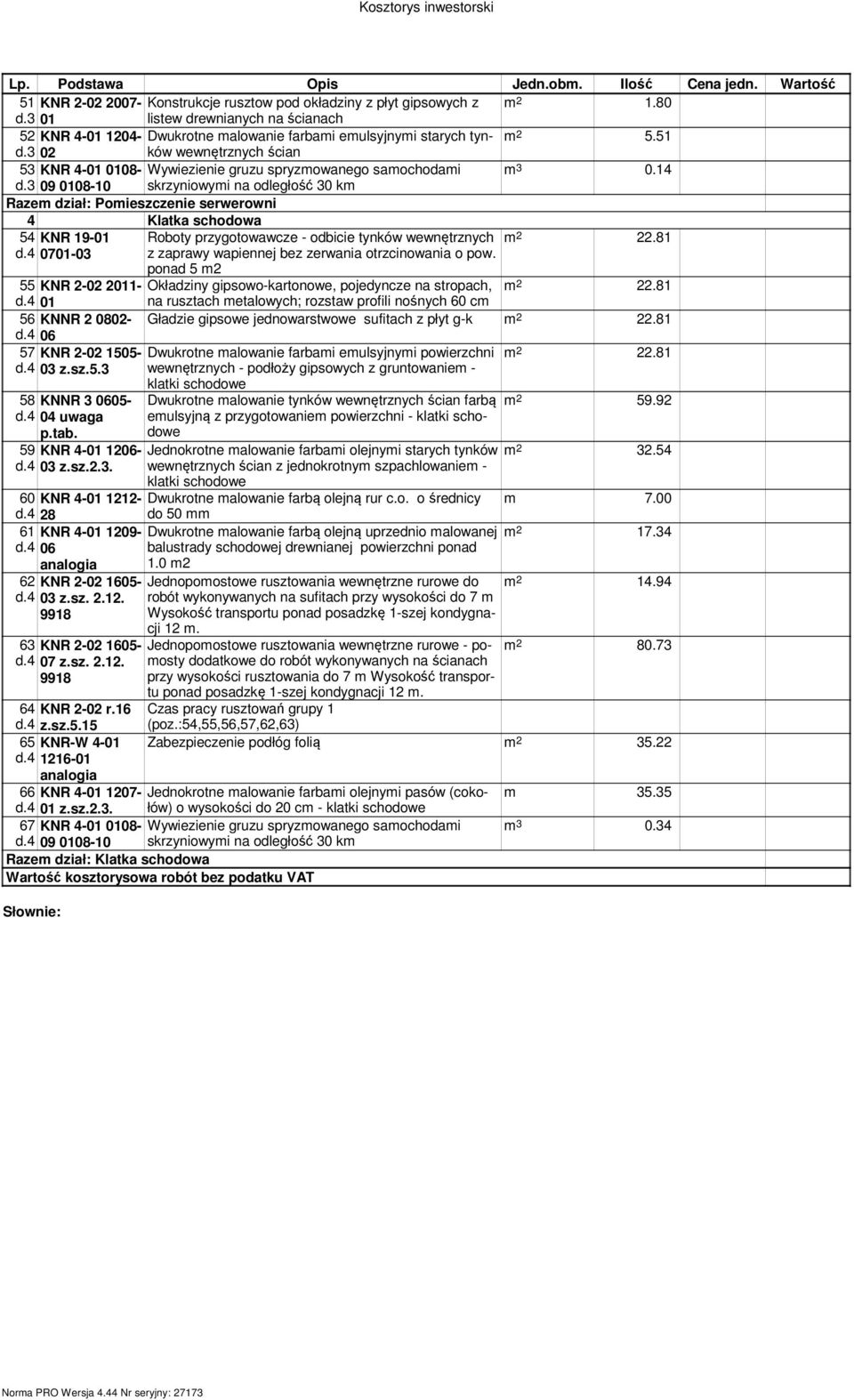 14 d.3 09 0108-10 skrzyniowyi na odległość 30 k Raze dział: Poieszczenie serwerowni 4 Klatka schodowa 54 KNR 19-01 Roboty przygotowawcze - odbicie tynków wewnętrznych 22.81 d.