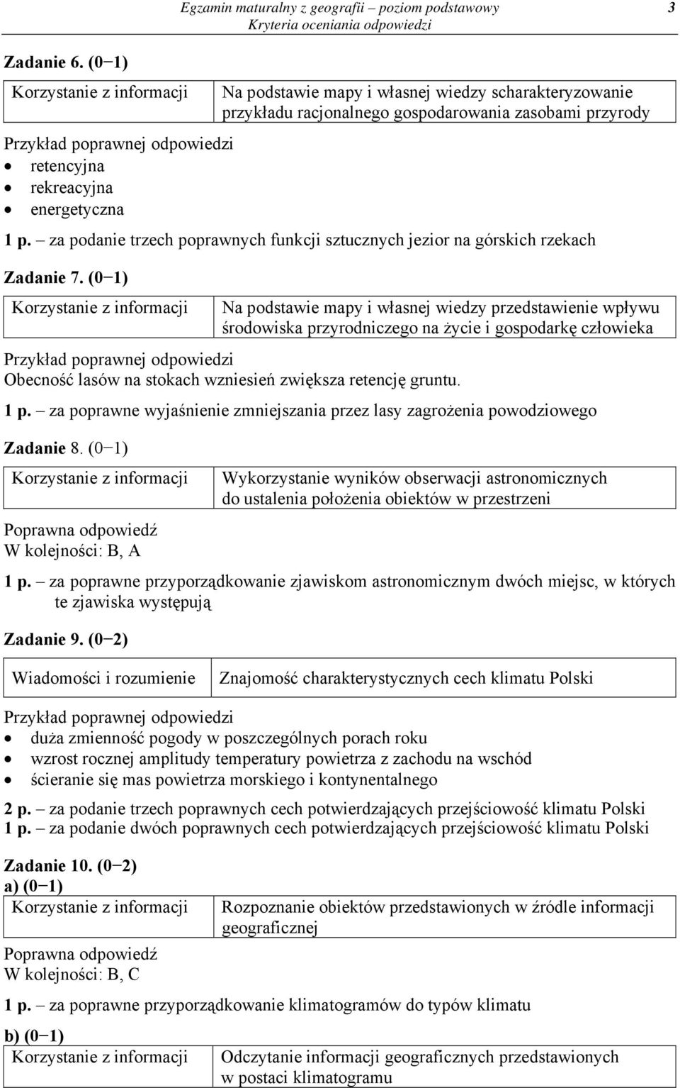 za podanie trzech poprawnych funkcji sztucznych jezior na górskich rzekach Zadanie 7.