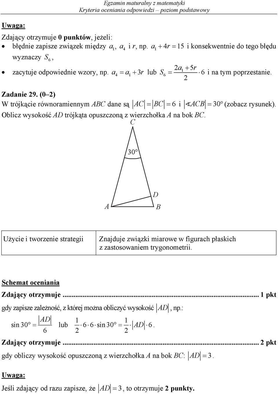 30 A D Użycie i tworzenie strategii Znajduje związki miarowe w figurach płaskich z zastosowaniem trygonometrii. Schemat oceniania Zdający otrzymuje.